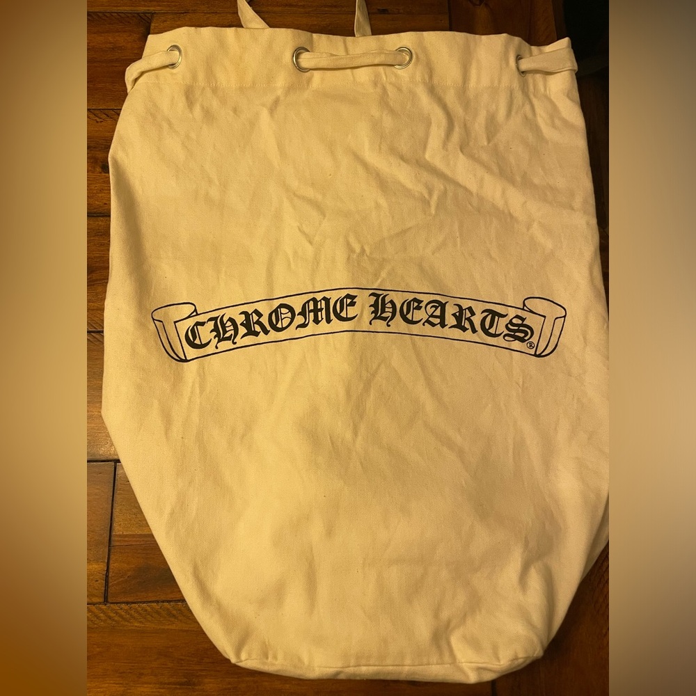 Chrome Hearts white drawstring cloth duffle/tote.